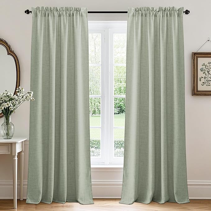 RYB HOME Linen Sheer Curtains and Drapes for Living Room and Bedroom 84 inches Length, Breathable Weave Textured/Rod Pocket Semi Sheer Curtains, Sage Green, W 52 x L 84 inches, 2 Panels Set