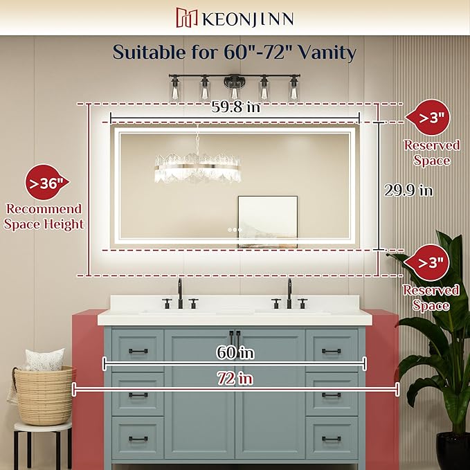 Keonjinn LED Bathroom Mirror 60" x 30" with Frontlit and Backlit, Tempered Glass Stepless 3 Colors Temperature & Dimmable Large Vanity Mirror, UL Listed LED Driver, Double Lights, Anti-Fog Wall Mirror