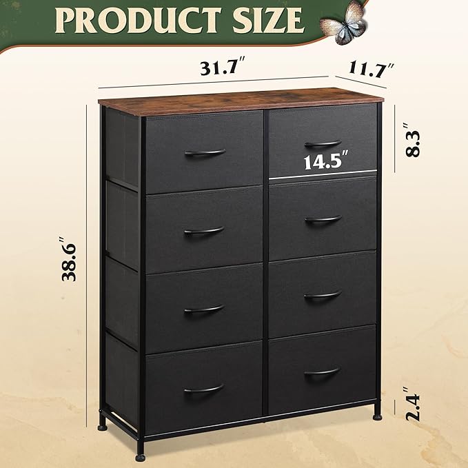WLIVE Tall Fabric Dresser with 8 Drawers, Storage Tower with Fabric Bins, Double Dressers, Chest of Drawers for Closet, Bedroom, Living Room, Hallway, Dorm, Black and Rustic Brown