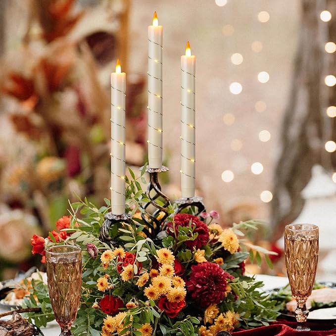 Da by 3 Pcs Flickering Flameless Battery Operated Taper Candle-Window Candles with Remote and Time-LED 3D Dynamic Flame-9.6 Inches for Wedding, Party,Home Decoration-Ivory