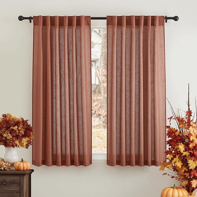 RYB HOME Semi Sheer Linen Blend Curtains 63 inch Length, Light Filtering Semi Transparent UV Protection Window Panels Drapes for Farmhouse, Living Room, Study, W 52 x L 63 inch, Terracotta