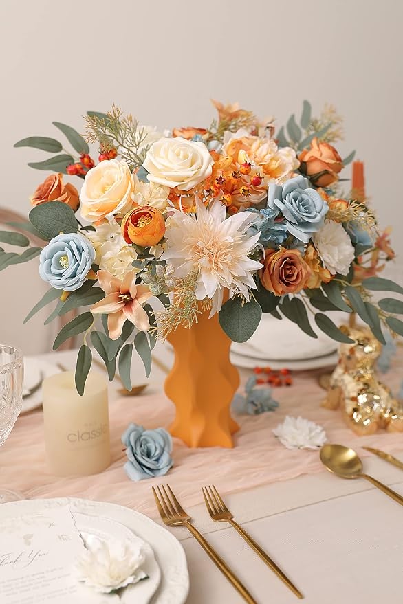 Artificial Flowers Combo Fake Silk Flowers Fall Bouquets for DIY Wedding Bouquets Centerpieces Party Baby Shower Home Decorations (Blue White)