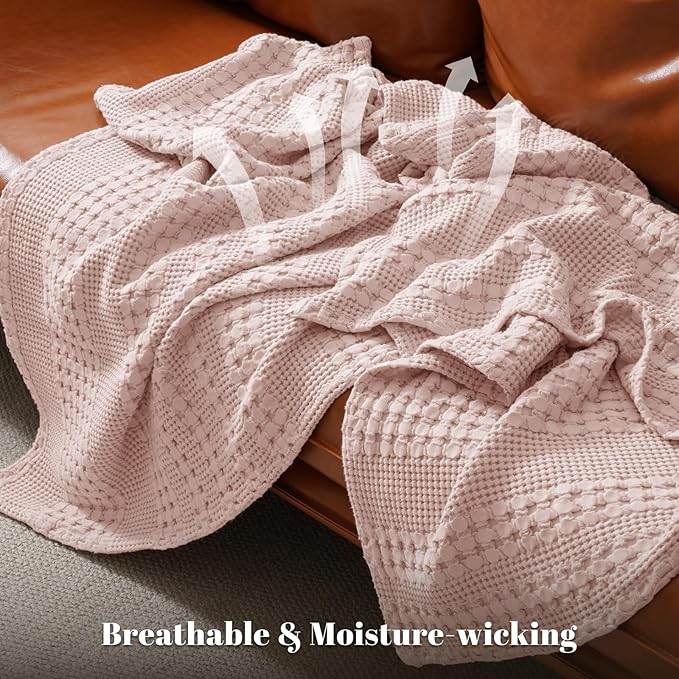 PHF 100% Cotton Waffle Weave Blanket Queen Size for Bed, Soft Lightweight & Breathable, All-Season Comfort, Luxury Aesthetic Woven Bedding for Home Decor, 90"x90", Pink/Mauve