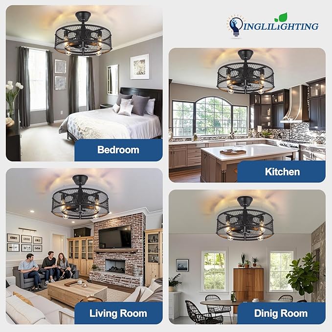 DLLT Caged Ceiling Fan with Light: 20" Farmhouse Fandelier with Light and Remote - Black Rustic Chandelier with Fan for Bedroon Kitchen Living Dining Room