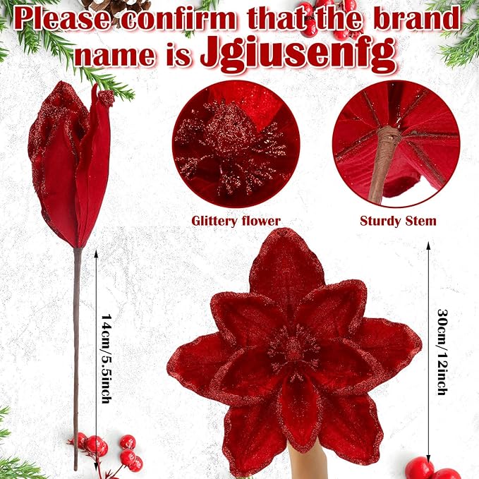 8 Pcs Large Christmas Flower Magnolia Flowers Christmas Tree Decoration Artificial Poinsettia Stems Velvet Xmas Ornaments for Xmas Tree Table Decor(Burgundy,12 Inch)