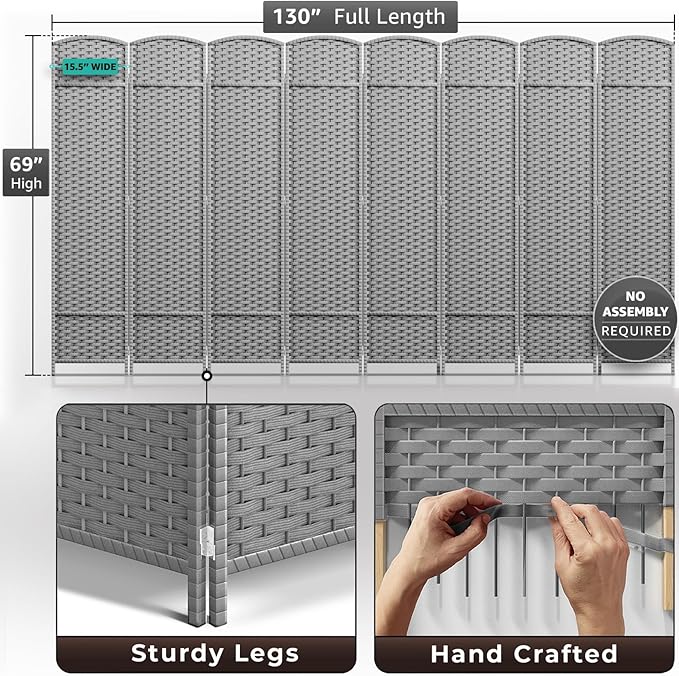 Sorbus 8 Panel Room Divider 6 ft. Tall - Privacy Screen, Extra Wide Double Hinged Panels, Mesh Hand-Woven Design, Partition Room Dividers and Folding Privacy Screens, Wall Divider for Room Separation