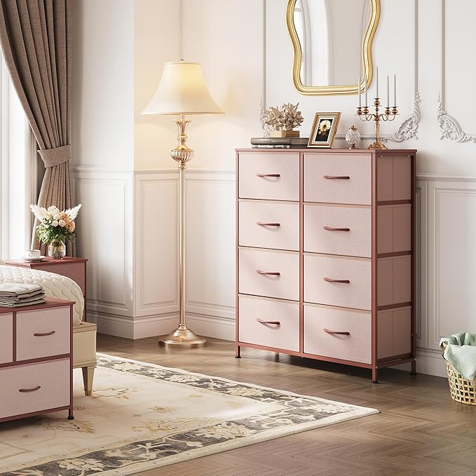 WLIVE Fabric Dresser for Bedroom, Tall Dresser with 8 Drawers, Storage Tower with Fabric Bins, Double Dresser, Chest of Drawers for Closet, Playroom, Dormitory, Pink and Rose Gold