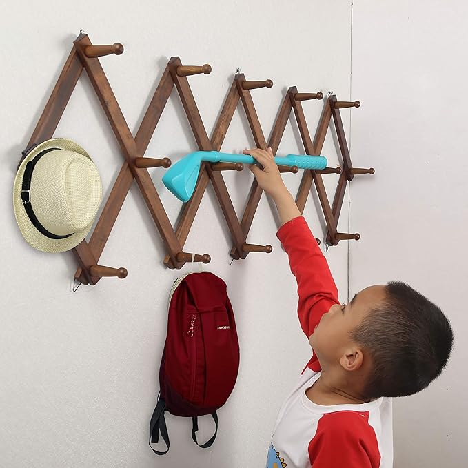 WEBI Accordion Wall Hanger, Wooden Coat Rack Wall Mounted, Hat & Cap Hook Rack, 16 Peg Hooks, Walnut Color