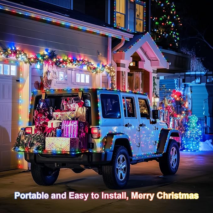 JMEXSUSS 2 Pack Christmas Lights Battery Operated Rope Lights Outdoor Waterproof Total 200LED 8 Modes Battery Powered String Lights with Remote for Car Trampoline Tree Christmas Decor (Multicolor)