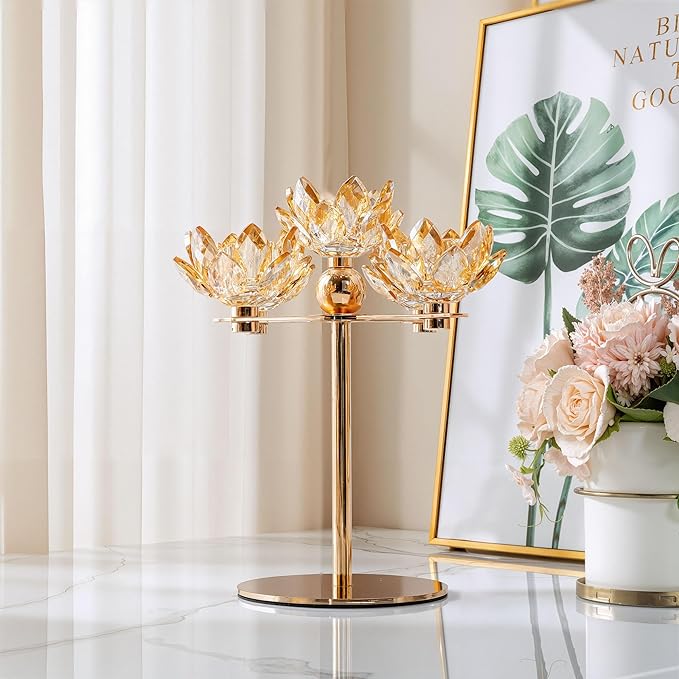 Crystal Candle Holders Lotus Candelabras Gold Arch Candlestick, Centerpiece Table, Home Hecor for Wedding, Dinning Room, Coffee Table, Kitchen, Living Room, Entryway (5 Arms, Gold, Taper Candle)
