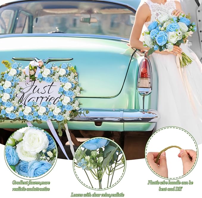 Geosar 8 Bundles Artificial Peonies Flowers Fake Silk Peony Bouquet Faux Peonies Flowers Bulk for Decoration Vase Floral Arrangements Wedding Party Table (Blue,White)