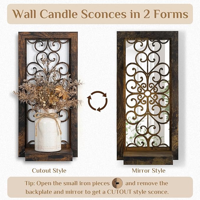 Farmhouse Wall Candle Holder Decor: Rustic Candle Sconces Set of Two for Pillar Candles - Brown Wooden Shelving for Fireplace Bathroom Hallway