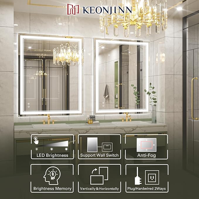 Keonjinn Lighted Bathroom Mirror, 40 x 32 Inch Bathroom LED Mirror with Lights, Frontlit Only, HD Tempered Glass, UL-Listed LED Driver, Anti-Fog, 6000K Dimmale, Easy Installation(Horizontal/Vertical)