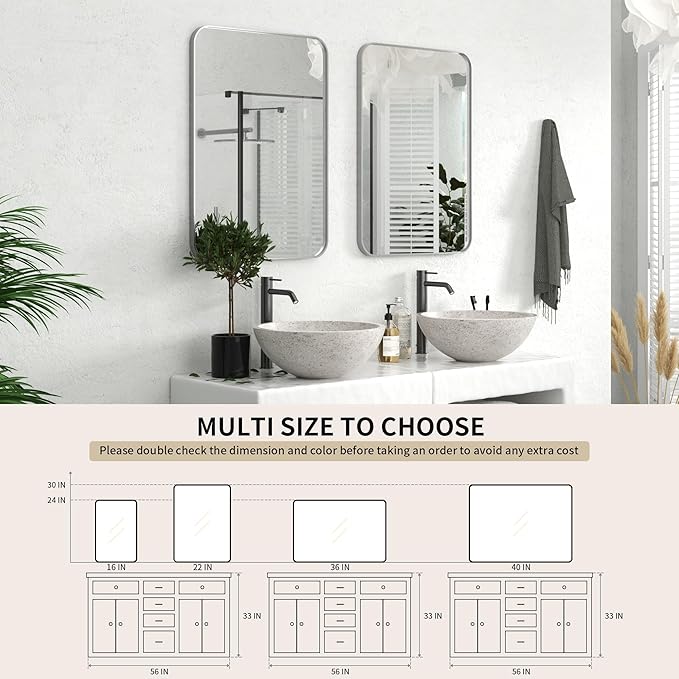 PAIHOME 22x30-Inch Brushed Nickel Bathroom-Vanity-Mirror for Wall - 304 Stainless Steel Silver Frame Bathroom Mirrors, Rectangle Farmhouse Mirror, Vertical Or Horizontal Hanging Modern Mirror