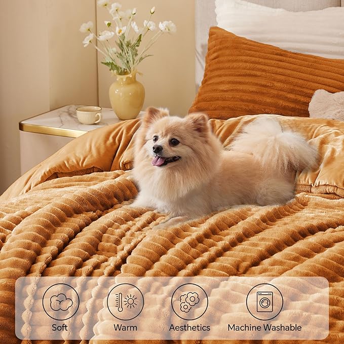BEDELITE Fleece Queen Comforter Set -Super Soft & Warm Fluffy Rust Orange Bedding, Luxury Fuzzy Heavy Bed Set for Winter with 2 Pillow Cases