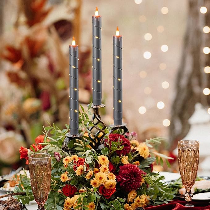 Da by 3 Pcs Flickering Flameless Battery Operated Taper Candle-Window Candles with Remote and Time-LED 3D Dynamic Flame-9.6 Inches for Wedding, Party,Home Decoration-Grey