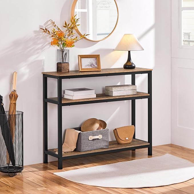 Yaheetech Industrial Console Table, 3 Tier Entryway Table with Storage Shelves, Narrow Sofa Tables for Living Room, Foyer, Hallway, Entrance, Metal Frame, Rustic Brown