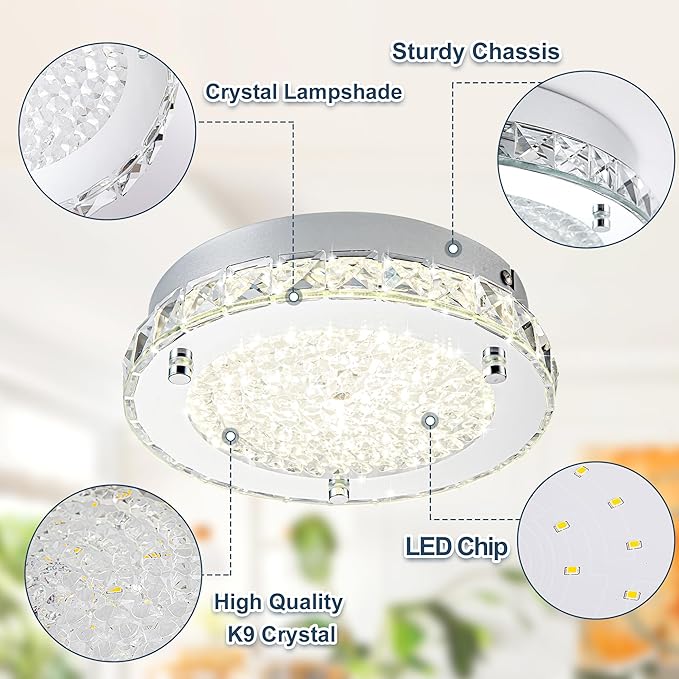 Modern Crystal Flush Mount LED Ceiling Light - 8.3" Foyer & Bedroom Light Fixture for Bathroom, Hallway, Closet