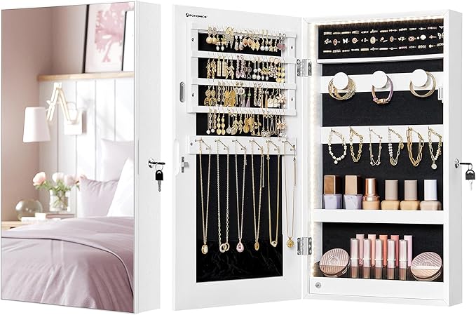 SONGMICS Mirror Jewelry Cabinet Armoire with Built-in LED Lights, Wall or Door Mounted Jewelry Storage Organizer, 3.8 x 14.6 x 26.4 Inches Hanging Mirror Cabinet, Gift Idea, White UJJC050W01