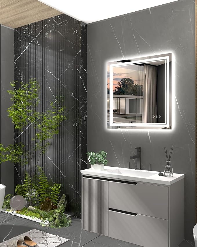 36x36 Inch LED Bathroom Mirror with Lights, Square Lighted Vanity Mirror for Bathroom Wall Mounted with Ample Illumination of 1 Backlit + 2 Front Lits, Defogging, Stepless Dimmable, Tempered Glass