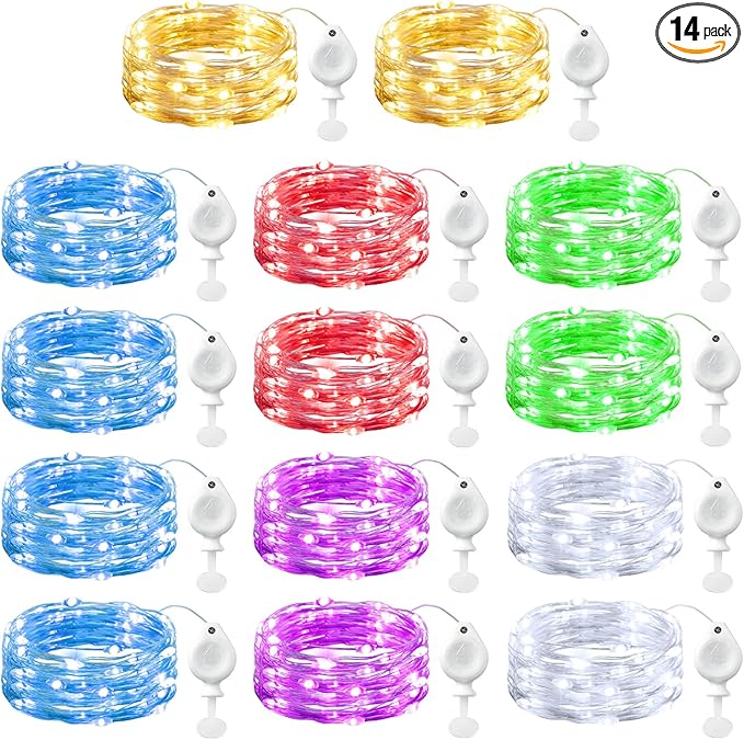 Brightown 14 Pack 6 Color LED Fairy Lights Battery Operated String Lights, 7ft 20LED Waterproof Silver Wire String Lights, Firefly Starry Moon Lights for Mason Jars DIY Christmas Wedding Party Bedroom