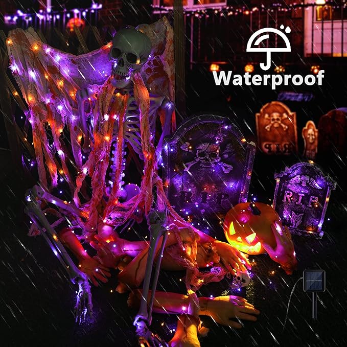 Brizled Orange & Purple Halloween Lights, 2 Pack Total 78FT 240 LED Solar Halloween Fairy Lights, 8 Modes Outdoor Orange Fairy Light, Purple Twinkle Light String Black Wire Outside Spooky Decorations