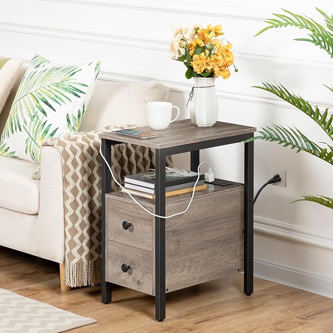 HOOBRO Set of 2 End Tables with Charging Station, Narrow Side Table with Drawers & USB Port & Power Outlets, Nightstand for Small Spaces, Living Room, Stable, Greige and Black BG541BZP201