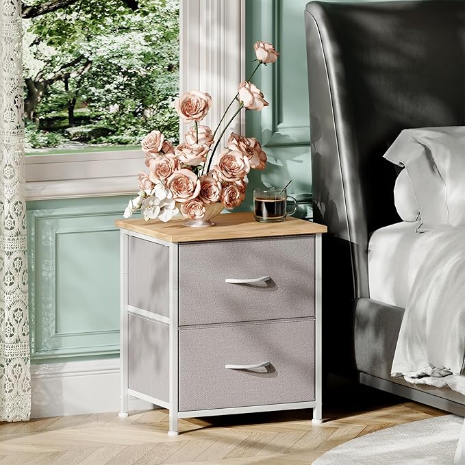 Somdot Nightstand Set of 2, Small Dresser for Bedroom with 2 Drawers, Bedside Table Night Stand End Table with Fabric Bins for Bedroom Kids Closet Dorm Guest Room, Ash Grey