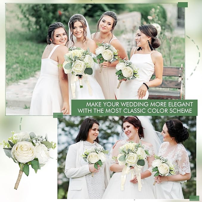Bridesmaid Bouquets Set of 2 - Ivory White Artificial Flowers Bouquet for Bridesmaids Wedding Small Floral Centerpieces for Marriage Proposal Party Anniversary Dining Table Decor -7 Inch