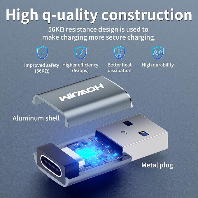 USB to USB C Adapter 2 Pack,HOWJIM Type-C Female to USB 3.0 Male OTG Adapter,QC3.0 Fast Charging 5Gbps Data Transfer,USB C to USB Adapter for M-acBook Phone 17/16/15 Pad G-alaxy A-irpods X-peria Gray