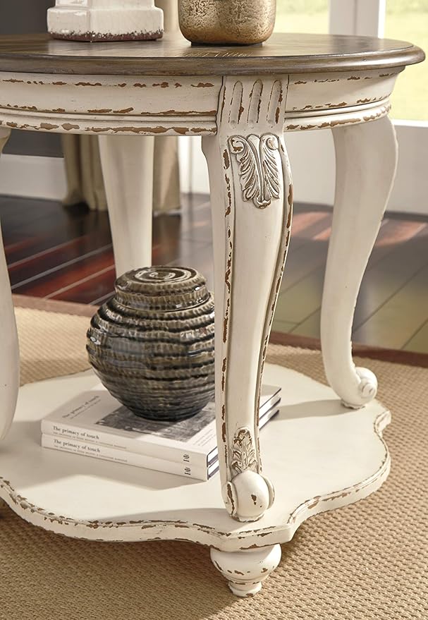 Signature Design by Ashley Realyn French Country Round End Table Two-Tone Accent Table – Chipped White
