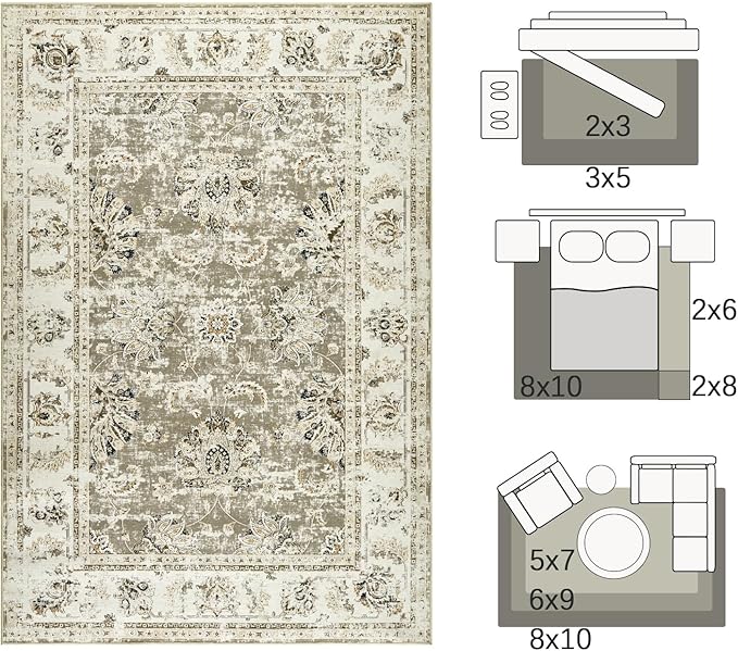 jinchan Washable Area Rug 4x6 Ultra-Thin Low Pile Non Slip Stain Resistant Soft Faux Wool Floral Rug Distressed Boho Vintage Carpet for Bedroom,Living Room,Dining Room,Kitchen,Nursery(Taupe, 4' x 6')