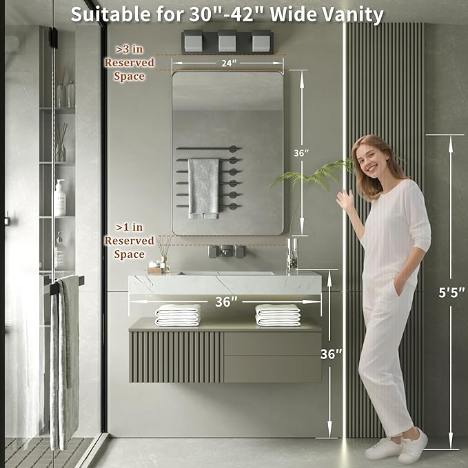 PAIHOME 24x36-Inch Brushed Nickel Bathroom-Vanity-Mirror for Wall - 304 Stainless Steel Silver Frame Bathroom Mirrors, Rectangle Farmhouse Mirror, Vertical Or Horizontal Hanging Modern Mirror