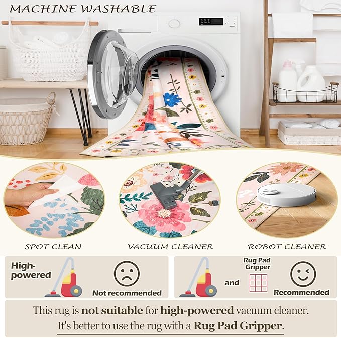 Floral 9x12 Area Rug Machine Washable Soft Print Boho Carpet Non Slip Doormat Low Pile Flower Area Rugs for Living Room Bedroom Nursery Kitchen Dining Room Indoor-Pink