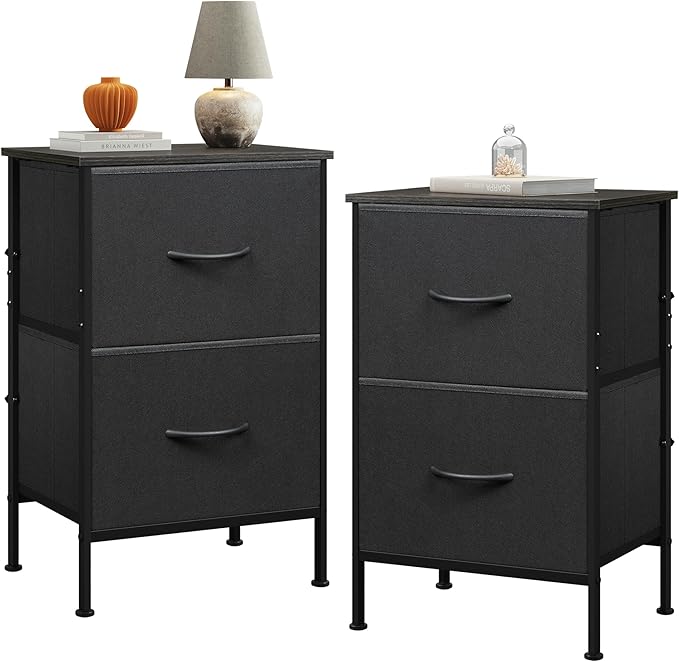 WLIVE Nightstand Set of 2, 2 Drawer Dresser for Bedroom, Small Dresser with 2 Drawers, Bedside Furniture, Night Stand, End Table with Fabric Bins for Bedroom, Dorm, Charcoal Black, Size L