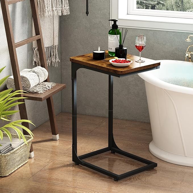 QEEIG C Table Side Table Living Room C Shaped Couch Tray End Table Farmhouse 1 Pack, Rustic Brown (017-30BN-1)