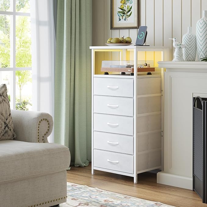 Fixwal Tall Nightstand with Charging Station and LED Lights, Night Stand with PU Finish Fabric Storage Drawers, 5 Drawer Dresser, White