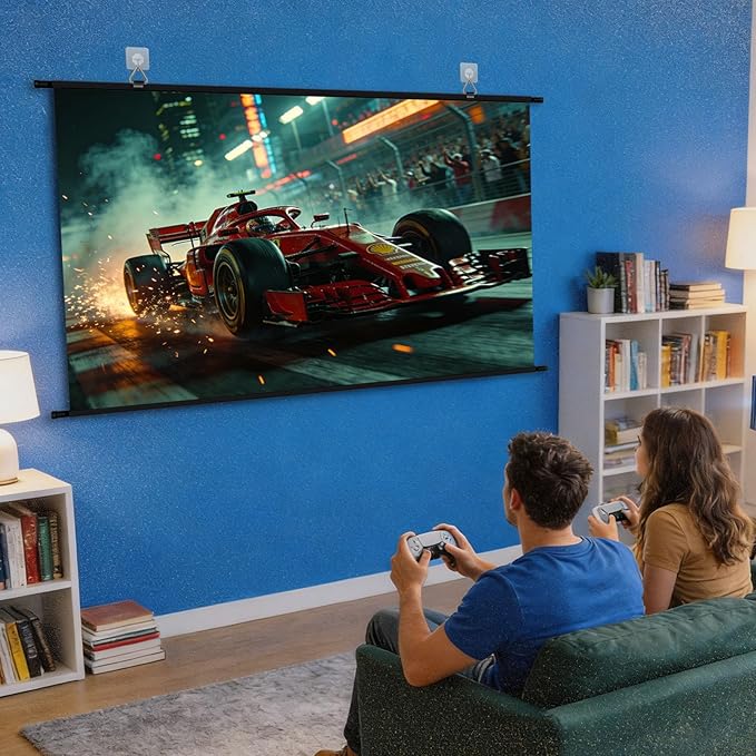 110 inch Projector Screen, XIAOHUI Portable Movie Projector Screen for Outdoor Indoor with 3 pcs Adhesive Hook, 4K Hanging Projection Screen for Room Wall, No Drilling, Anti-Glare Coating, 16:9 HD