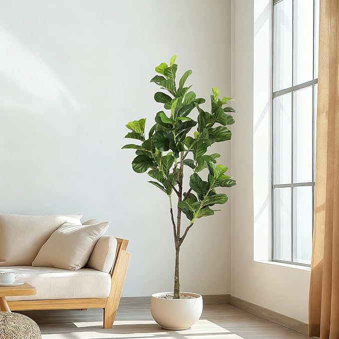 Faux Fiddle Leaf Fig Tree 6ft(74in) Artificial Floor Plant for Indoor Decor Realistic Potted Tree with Texture Silk Leaves and Natural Wood Trunk for Home Living Room,Office Perfect Housewarming Gift