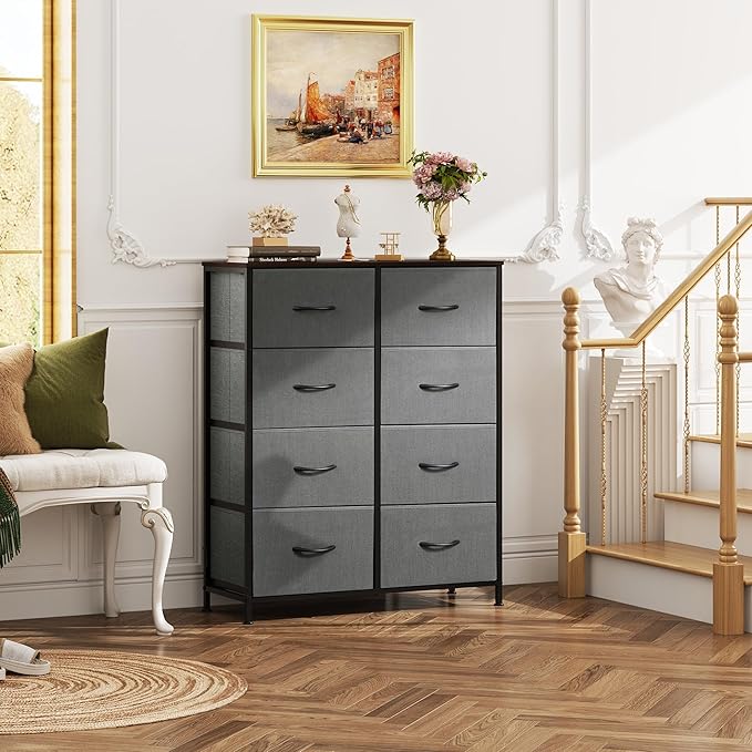 WLIVE Fabric Dresser for Bedroom, Tall Dresser with 8 Drawers, Storage Tower with Fabric Bins, Double Dressers, Chest of Drawers for Closet, Living Room, Hallway, Dark Gray