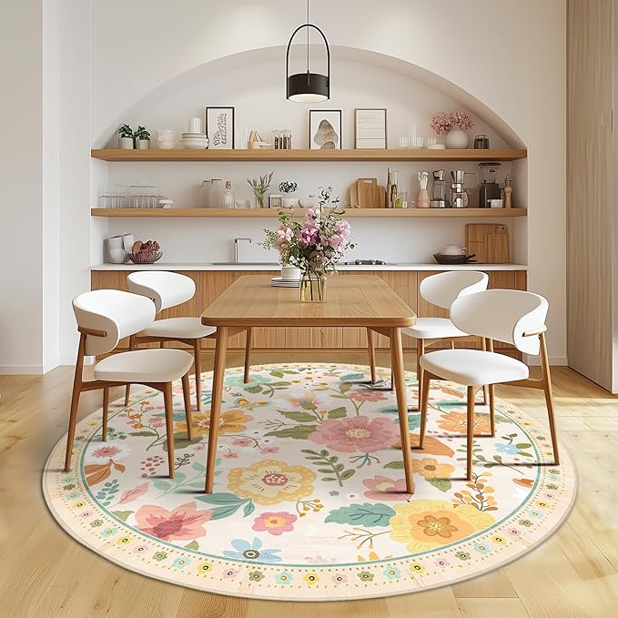 Floral 6ft Area Rug Machine Washable Soft Print Boho Carpet Non Slip Doormat Low Pile Flower Area Rugs for Living Room Bedroom Nursery Kitchen Dining Room Indoor-Beige/White/Orange