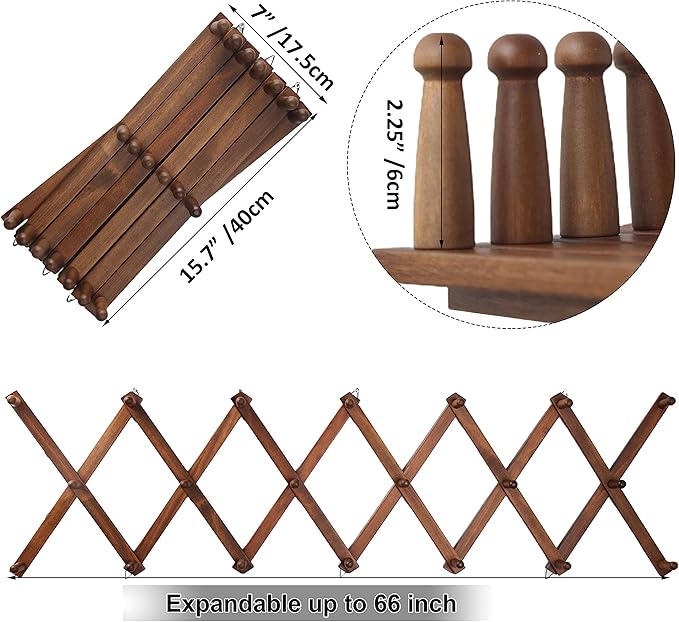 WEBI Accordion Wall Hanger,Expandable Wooden Coat Rack,Accordion Hat Rack for Wall,Accordion Hook Rack for Hats,Caps,20 Peg Hooks,Brown,2 Packs
