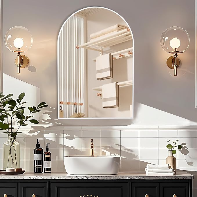 White Arch Bathroom Wall Mirror,20 x 30 Inch Arched Vanity Modern Tempered Glass Mirror for Bedroom,Living Room,Entryway