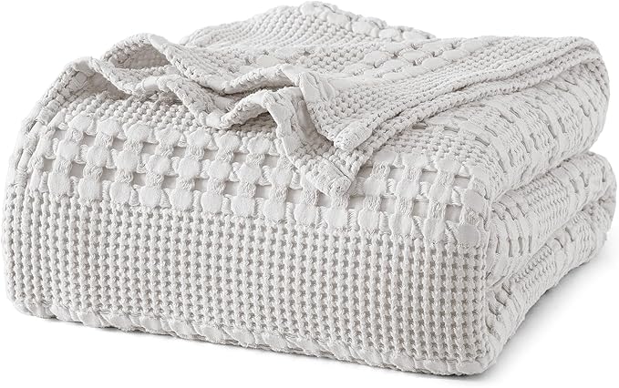 PHF 100% Cotton Waffle Weave Blanket Queen Size for Bed, Soft Lightweight & Breathable, All-Season Comfort, Luxury Aesthetic Woven Bedding for Home Decor, 90"x90", Light Grey