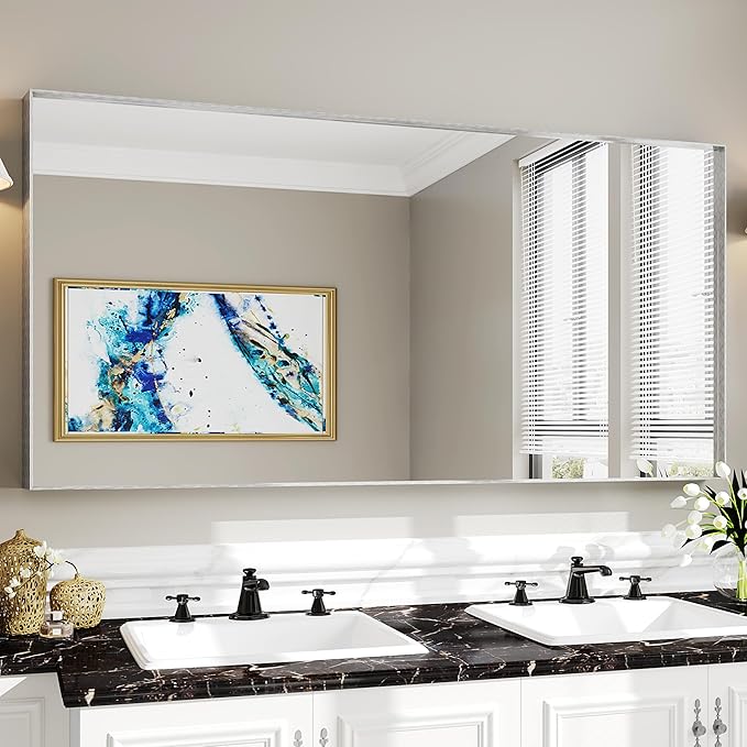 Suidia Bathroom Mirror, 60" x 30" Wall Mirror Metal Framed, Bathroom Vanity Mirror for Living Room Bedroom Bathroom Entryway, Silver, Rect Corner Style