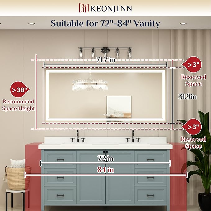 Keonjinn 72 x 32 Inch LED Bathroom Mirror with Lights, Large Wall Mounted Vanity Mirror, UL Listed LED Driver, HD Tempered Glass, Easy Installation, Anti-Fog, Memory Dimmable 6000K, CRI 90+