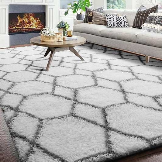 ONASAR 8x10 Area Rugs for Living Room, Washable Fluffy White and Grey Rug for Bedroom, Geometric Moroccan Indoor Shaggy Boho Soft Plush Floor Carpet for Kids Teen Nursery Dorm Home Decor Aesthetic