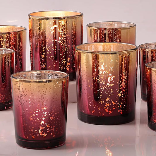 Volens 12pcs Assorted Burgundy Votive Candle Holders, Large Speckles Mercury Glass Votive & Tealight Candle Holder Bulk for Wedding Table Centerpiece, Burgundy and Gold Themed Party Decorations