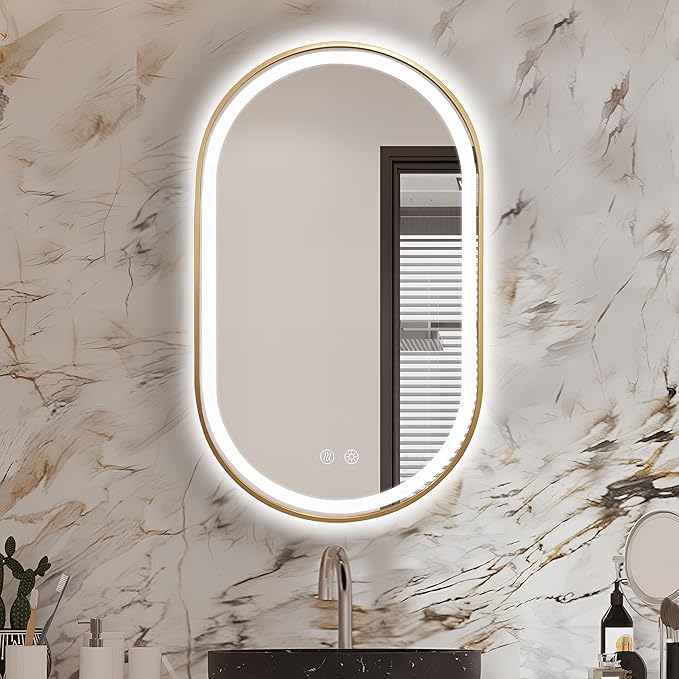 Niccy Oval LED Mirror for Bathroom, 40x24 Front Lit + Backlit Vanity Mirrors with Light Anti-Fog, Shatter-Proof, 3 Colors, Makeup Mirror with Gold Frame (Horizontal/Vertical)