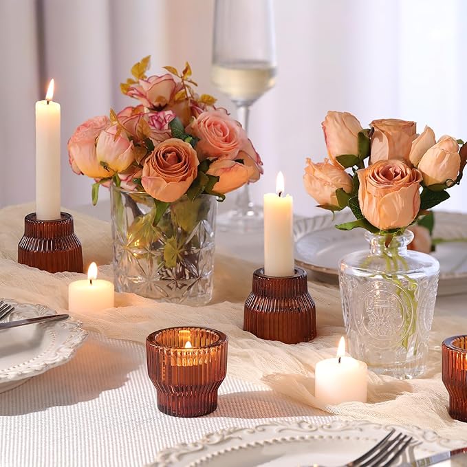 12pcs Amber Glass Candlestick Holders, Taper Candle Holders Tea Light Candle Holder for Wedding Centerpieces Table Decorations, Votive Candle Holders for Table Decor